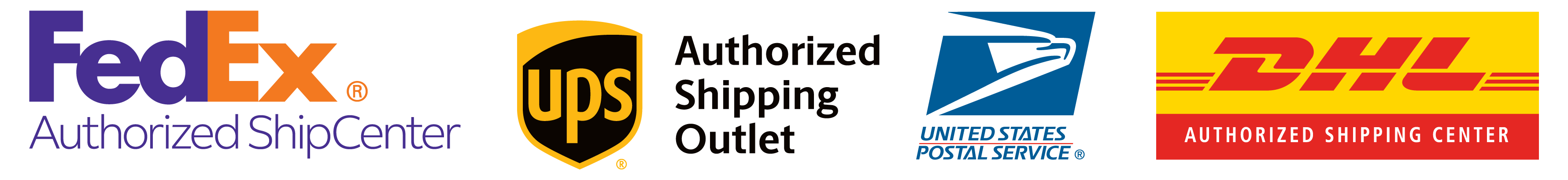 Authorized shipping partners: FedEx Authorized ShipCenter, UPS Authorized Shipping Outlet, USPS, and DHL Authorized Shipping Center