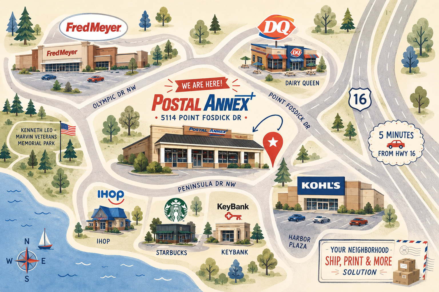 Illustrated map of Olympic Towne Center showing PostalAnnex at 5114 Point Fosdick Dr alongside Fred Meyer, Dairy Queen, Starbucks, IHOP, KeyBank, Kohl's, and Kenneth Leo Marvin Veterans Memorial Park