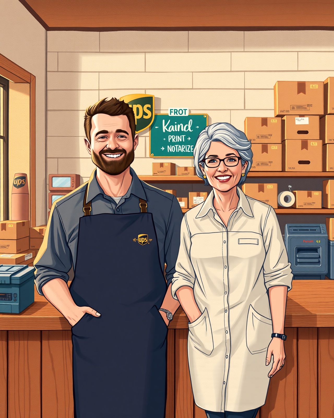 Illustrated portrait of Will and Debra, owners of PostalAnnex of Gig Harbor, smiling behind their shop counter